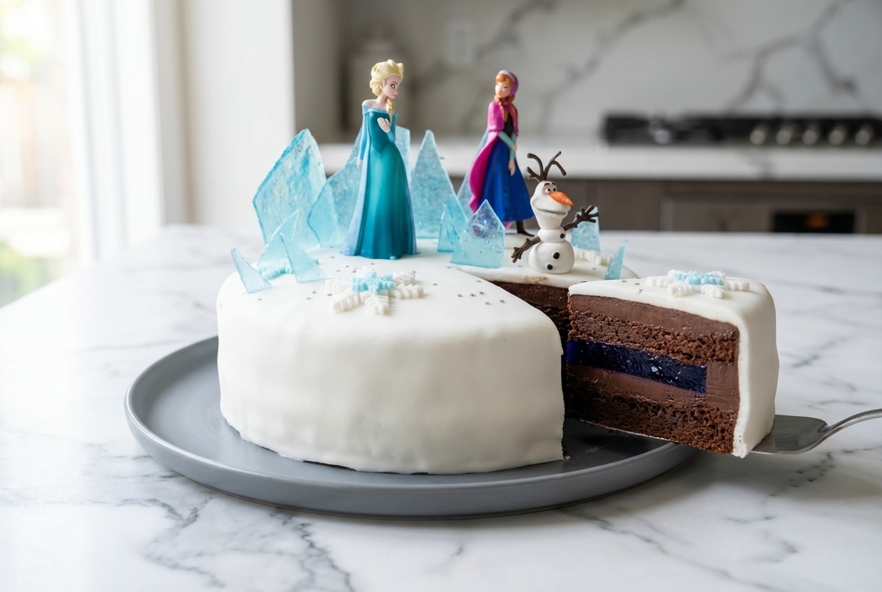 Gâteau Reine des Neiges à la ganache montée, décoré de flocons en pâte à sucre, révélant un insert gélifié à la myrtille sauvage.