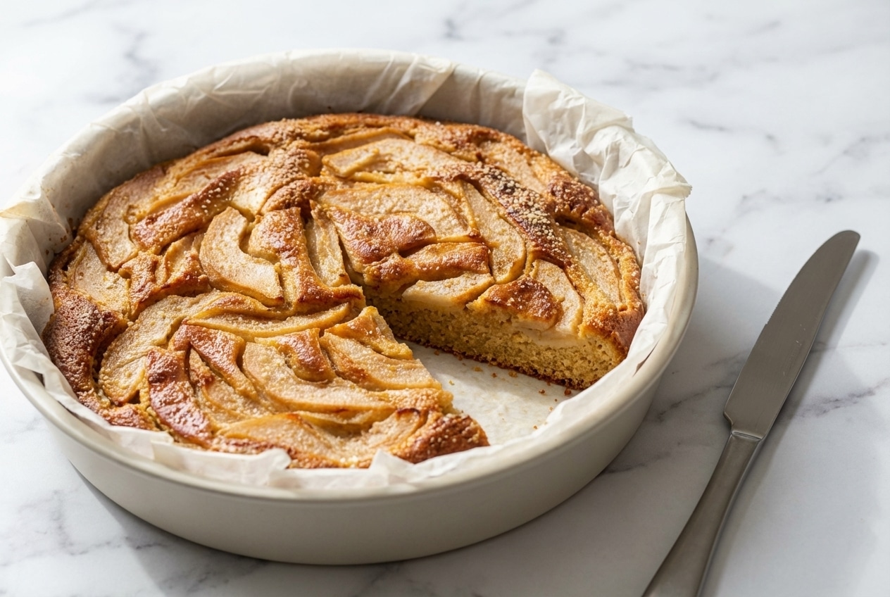 Gâteaux aux poires et amandes dorés, parfumés par la poudre d'amande torréfiée, sur une assiette de service.
