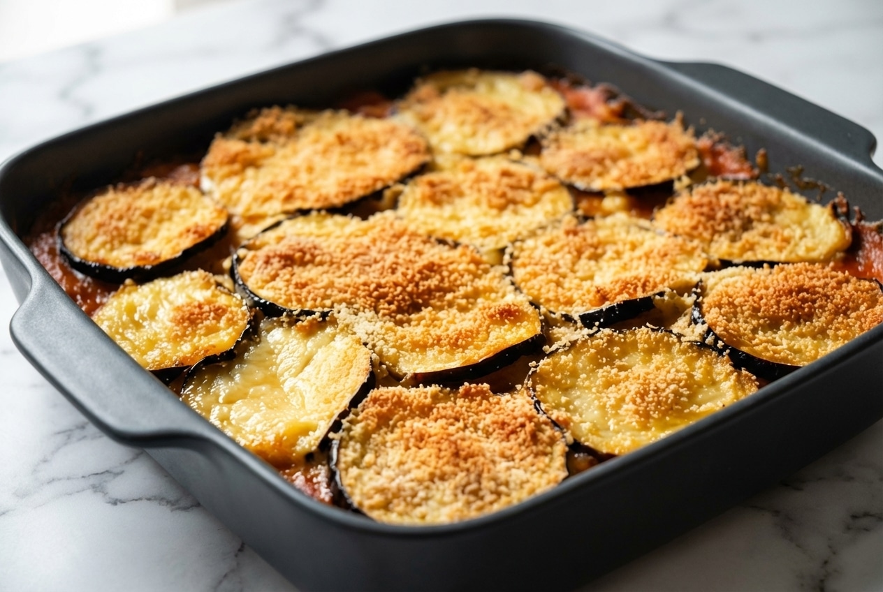 Gratin d’aubergines au four garni de Scamorza fumée fondante et d'une chapelure de levain croustillante.