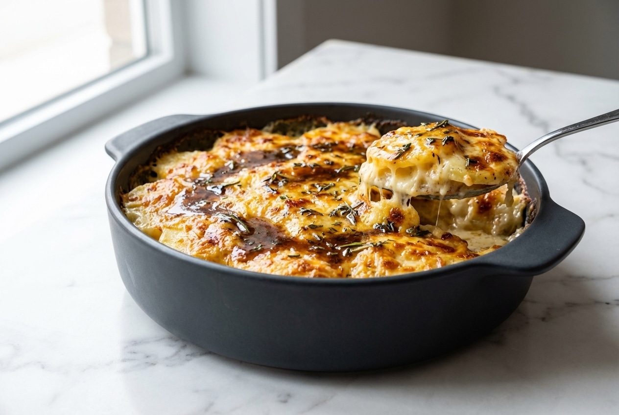 Gratin de crozets aux champignons doré au Beaufort sur marbre blanc, reflets d'une infusion forestière au beurre noisette.