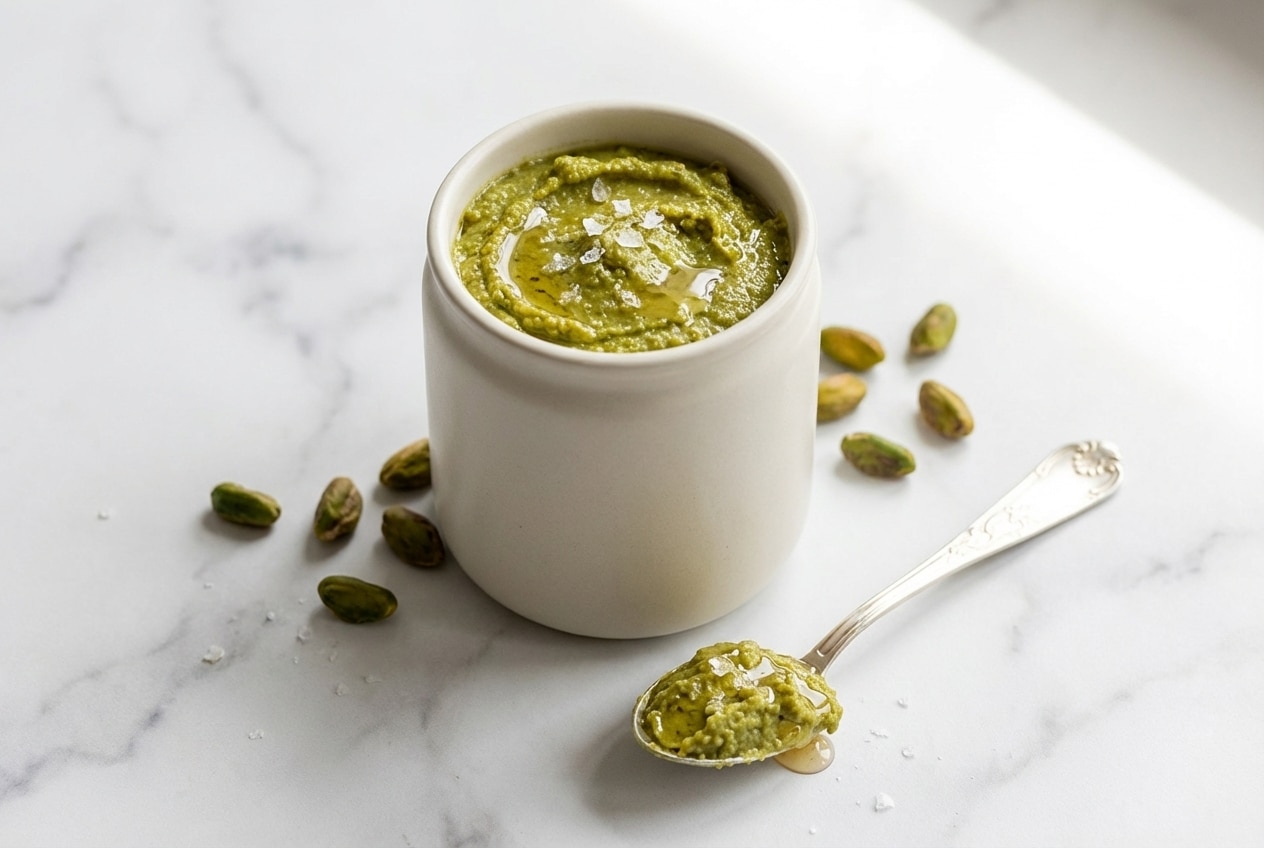 Pâte de Pistache onctueuse sur marbre blanc, reflets de miel d'acacia et cristaux de fleur de sel, éclairage naturel.