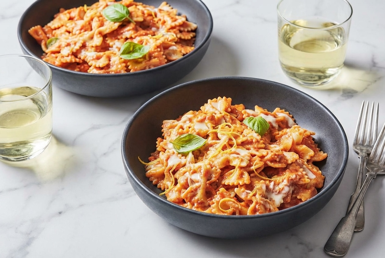 Pâtes sauce rosée onctueuses dans un bol en céramique, parsemées de zeste de citron frais et de parmesan sur marbre blanc.