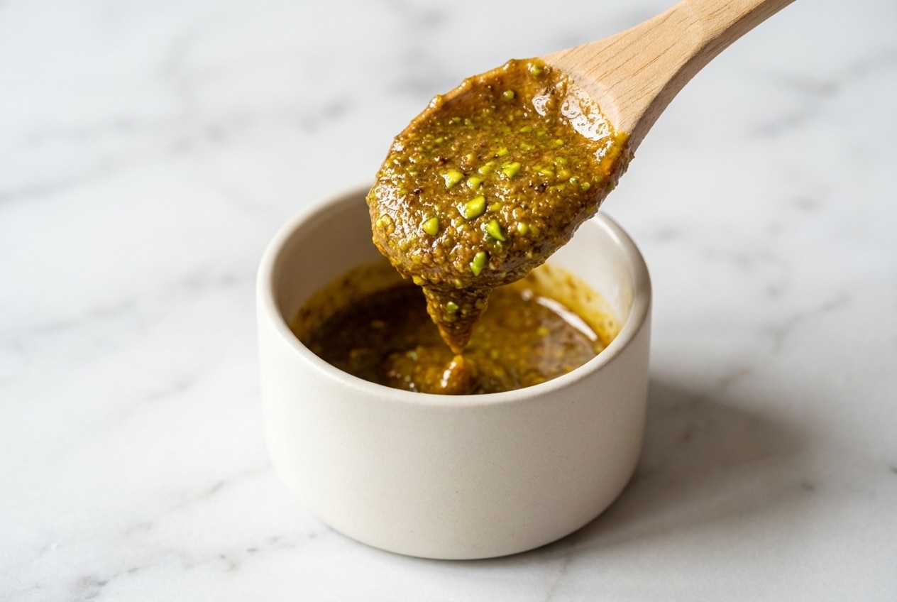 Praliné Pistache onctueux sur marbre blanc, révélant une texture granuleuse et une couleur vert vif grâce aux pistaches crues.