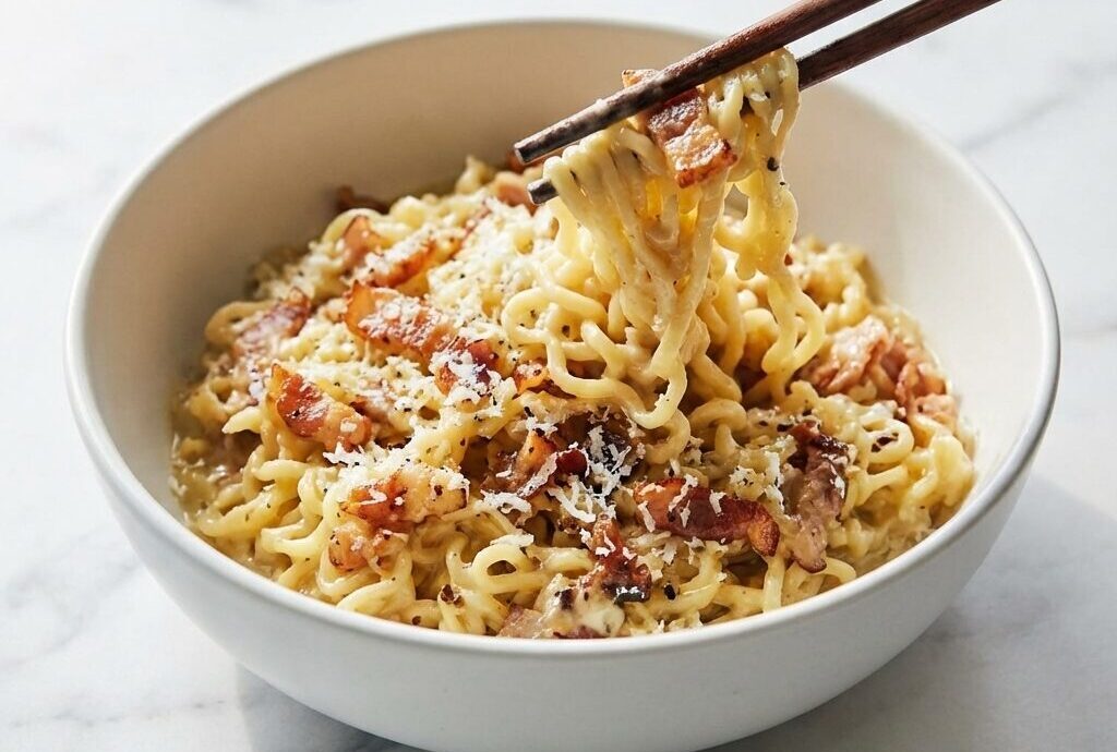 Ramen carbonara onctueux avec guanciale grillé et une émulsion au miso blanc riche en umami.
