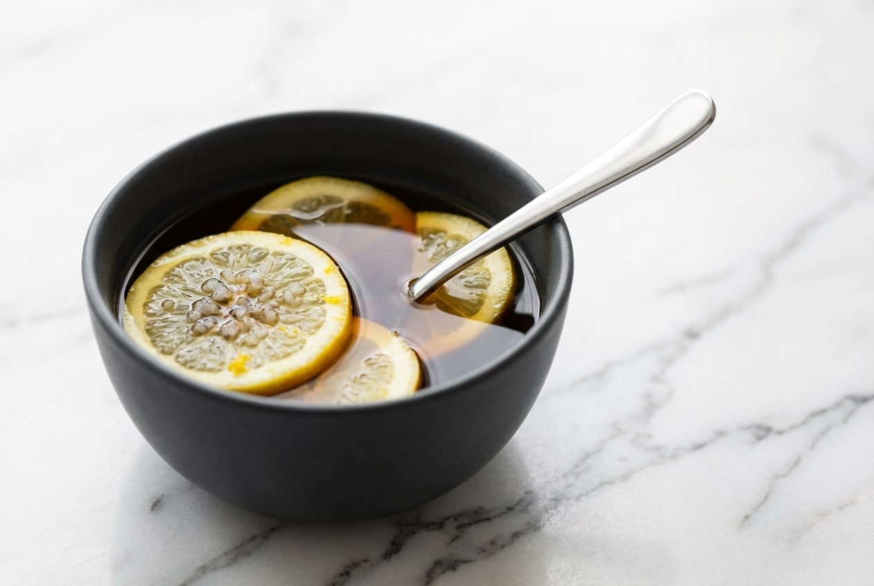 Tasse fumante de recette café citron pour maigrir agrémentée d'une pincée de sel marin gris et zestes frais.