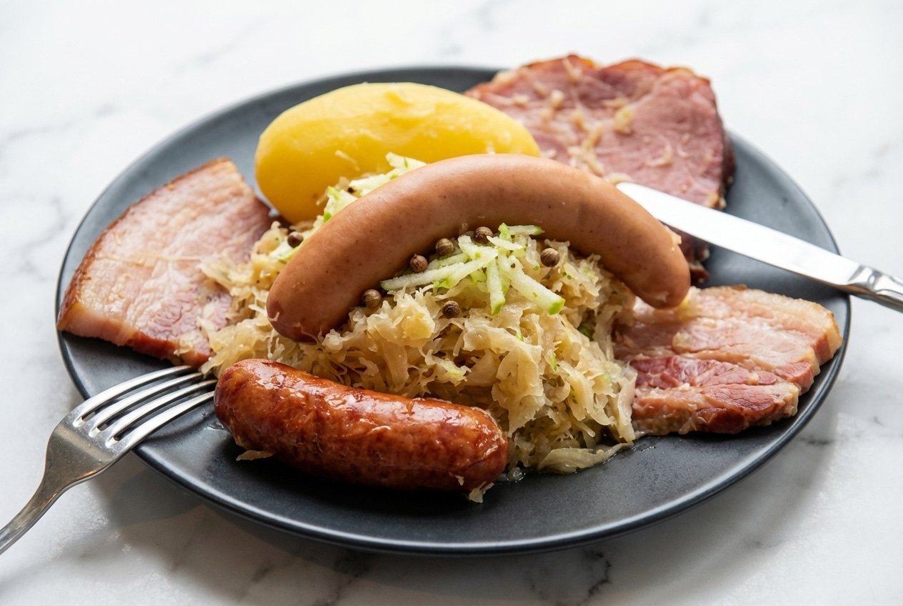 Recette choucroute garnie traditionnelle dressée avec pomme Granny Smith râpée, saucisses de Morteau et jarret de porc.