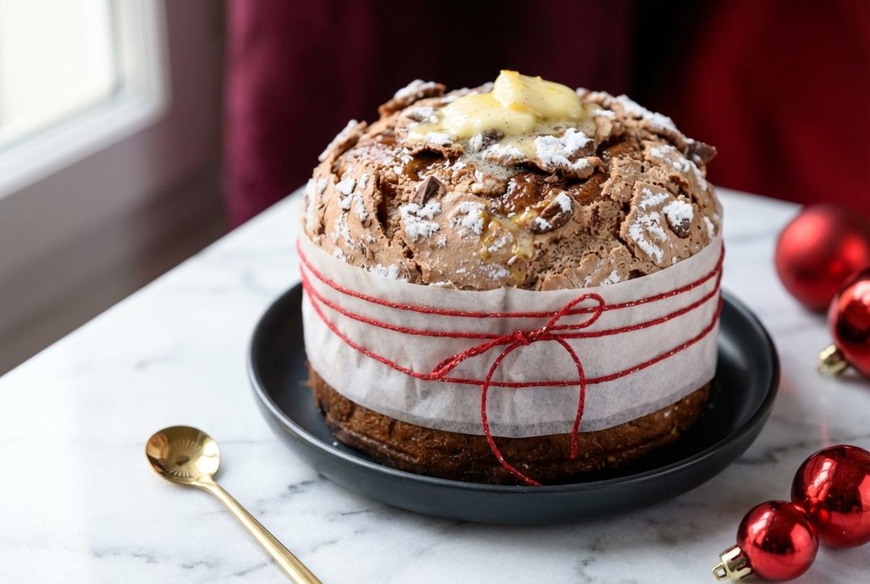 Recette du panettone alvéolé au beurre infusé aux agrumes et vanille, croûte dorée et fruits confits généreux.