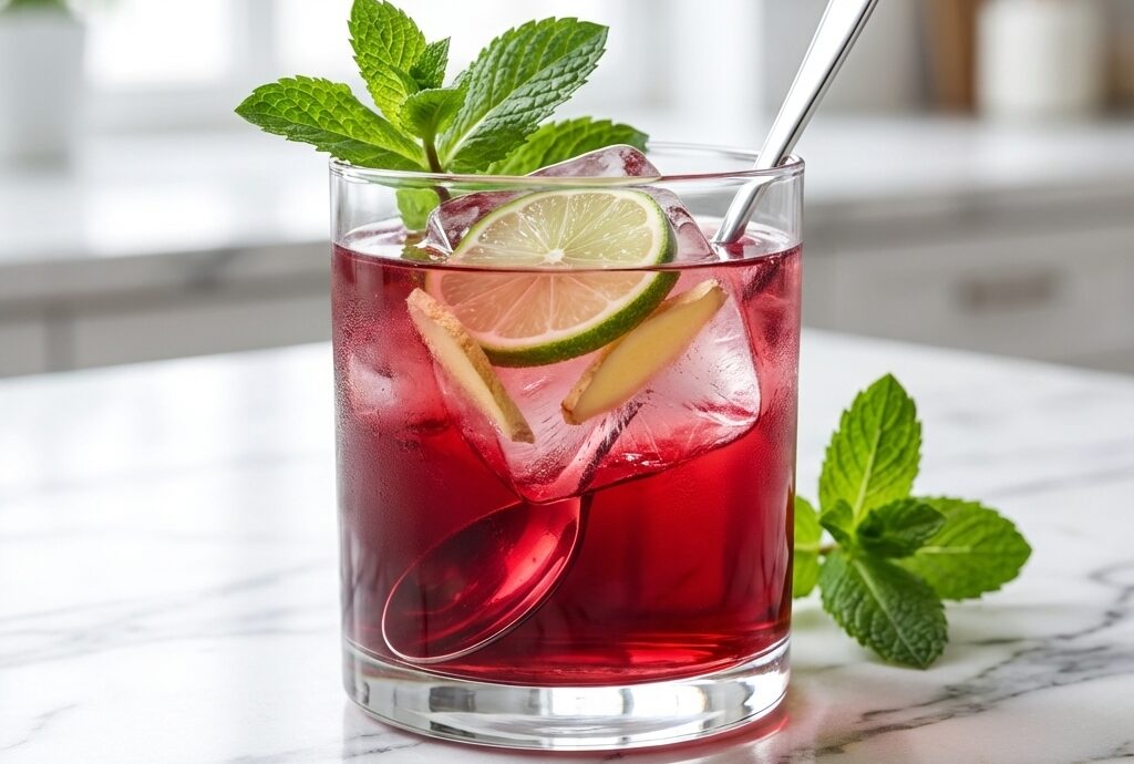 Verre de recette mocktail hibiscus menthe givré avec glaçons infusés au gingembre et citron vert.