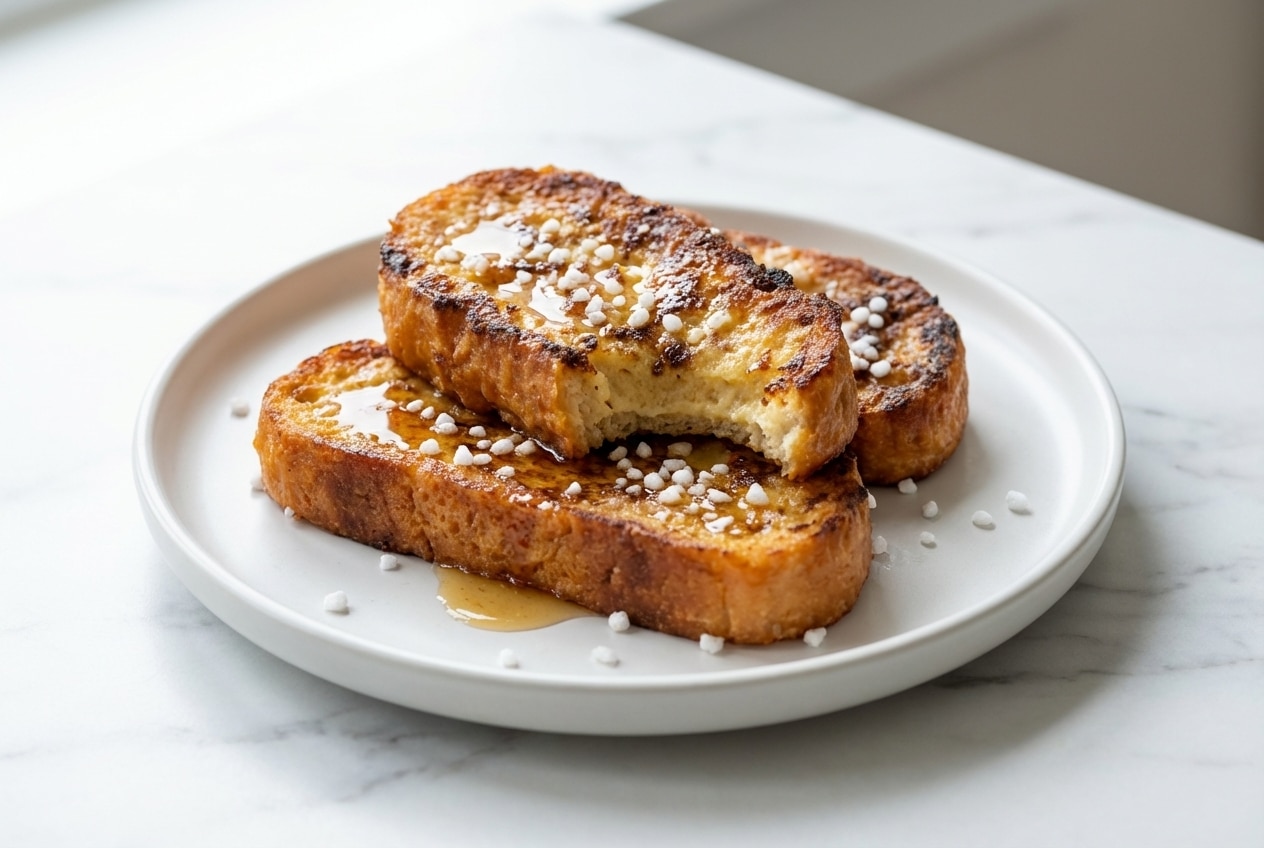 Recette pain perdu air fryer doré au beurre noisette et sucre perlé croustillant.