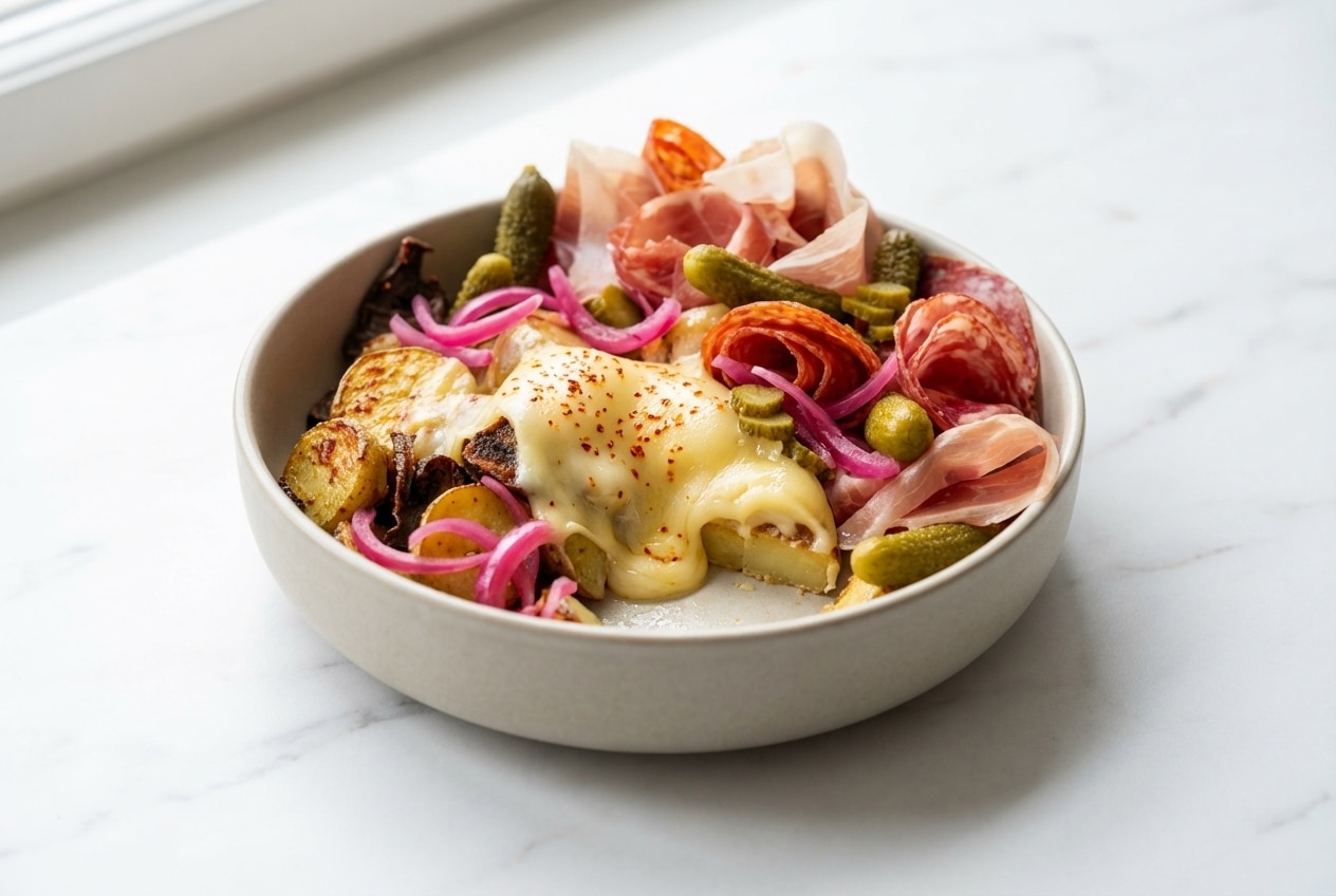 Un généreux raclette bowl avec du fromage fondant, des pommes de terre, de la charcuterie et des oignons rouges marinés express.