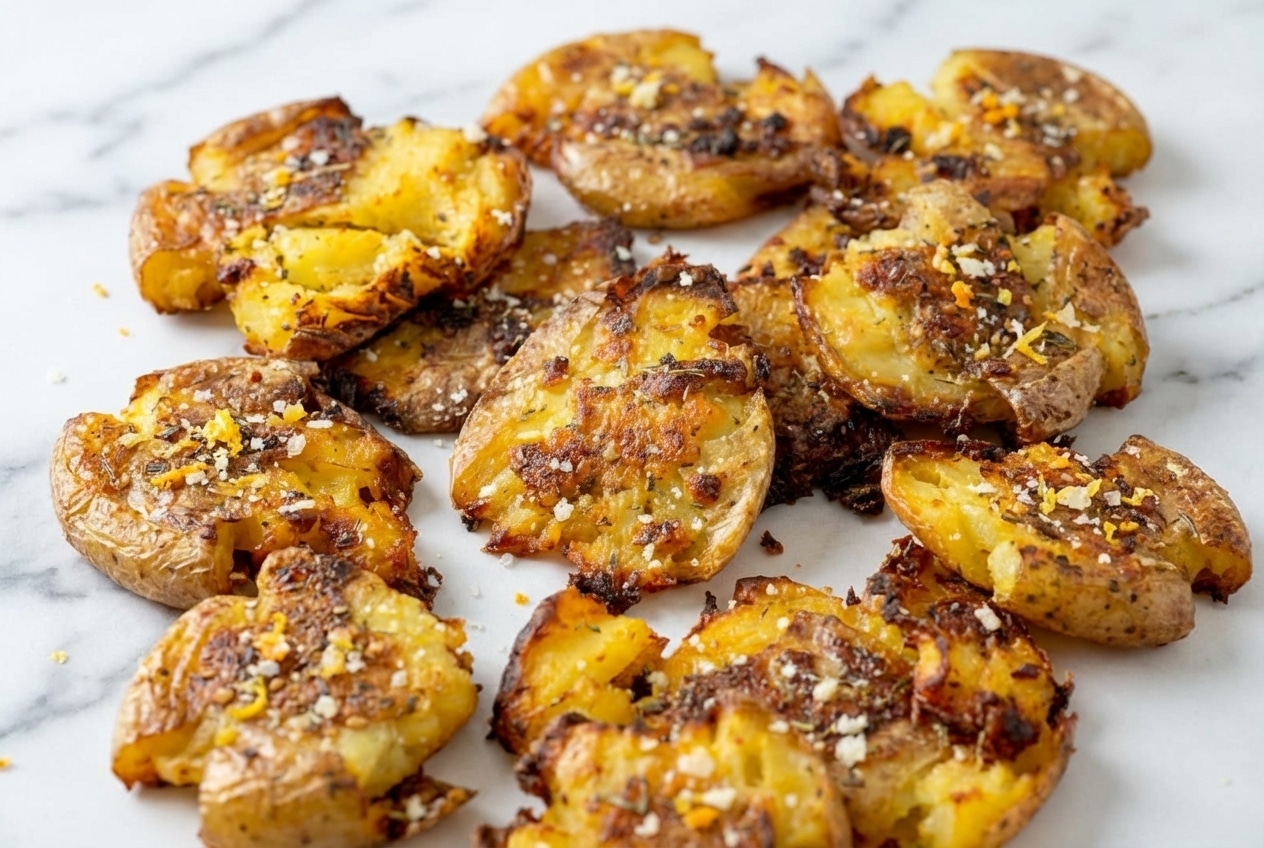 Vue de dessus de la recette smashed potatoes ultra croustillantes sur marbre blanc, assaisonnées au sel d'agrumes et zaatar.