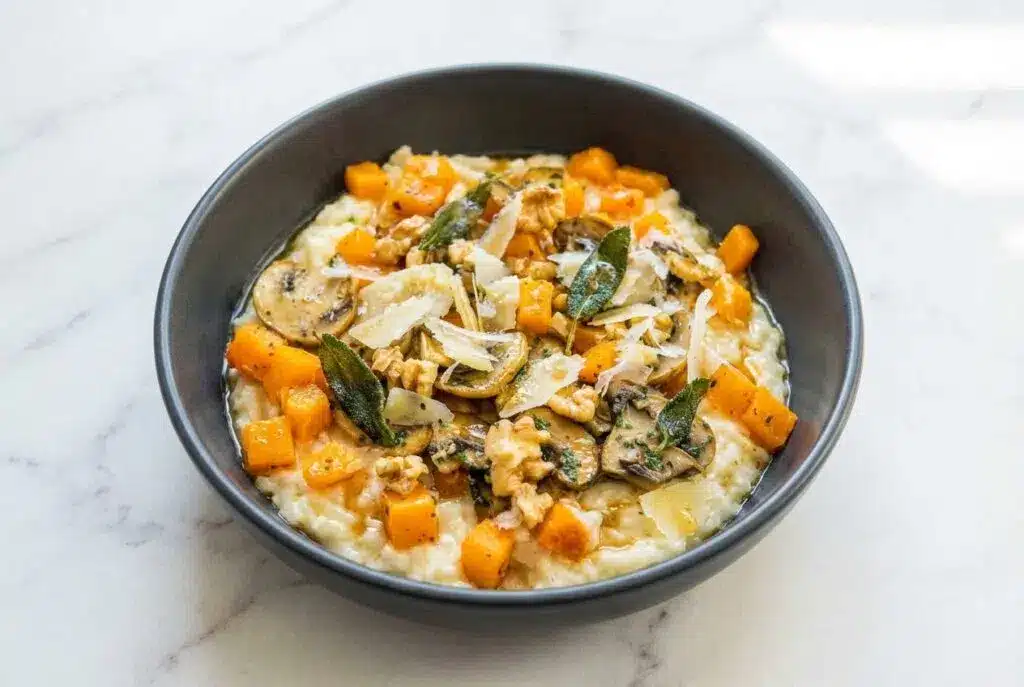 Risotto à la courge butternut crémeux surmonté de beurre noisette à la sauge et déglacé au cidre brut.