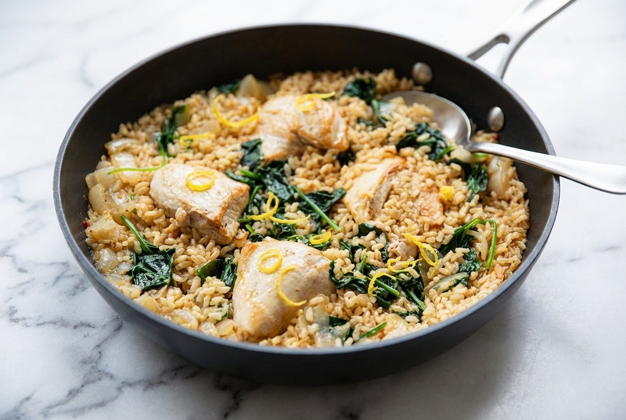 Riz au poulet doré mijoté au vin blanc sec et zestes de citron frais dans une cocotte.