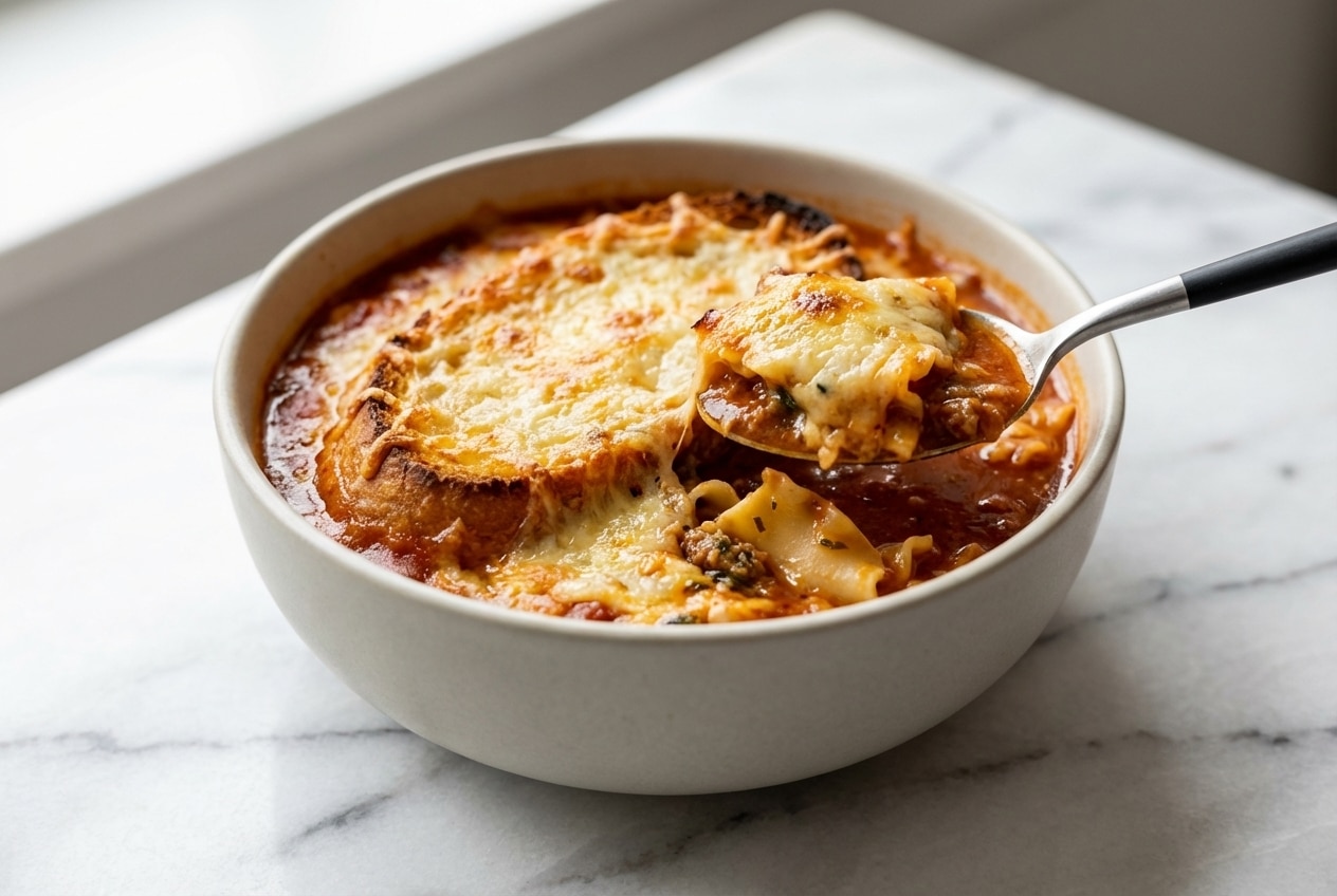 Soupe de lasagne gratinée façon soupe à l'oignon, avec une couche dorée de fromage fondu et des bulles. Basilic frais sur le dessus.
