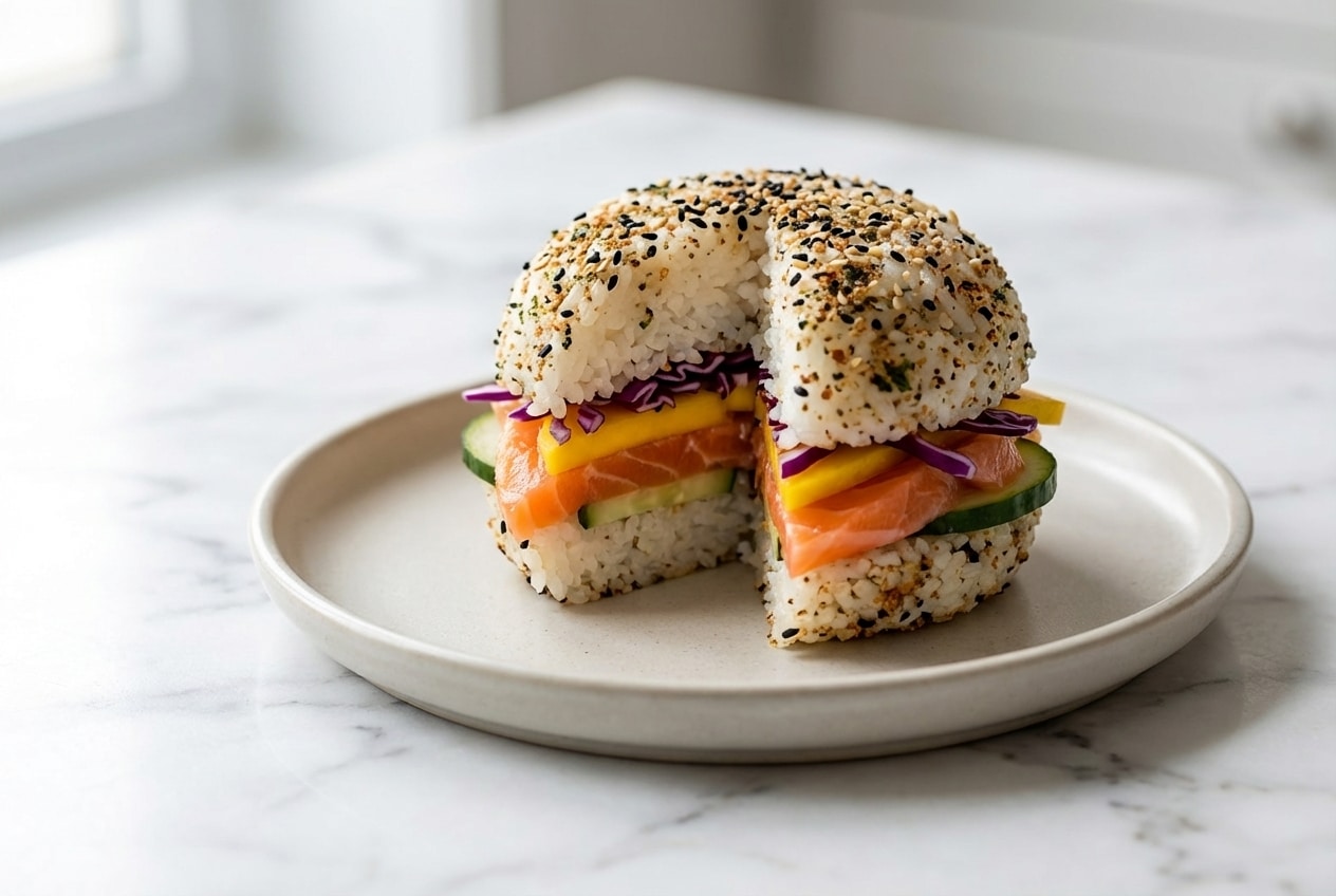 Sushi burger au saumon garni de riz vinaigré au furikake craquant, tranches d'avocat et sésame noir torréfié.