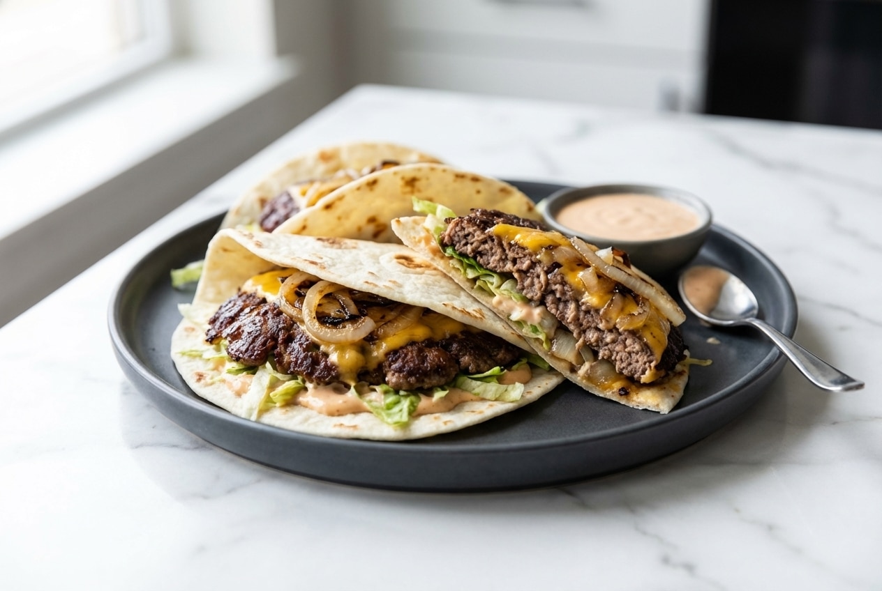 Tacos de cheeseburger avec oignons caramélisés croustillants façon Oklahoma et cheddar fondu sur tortilla de blé.