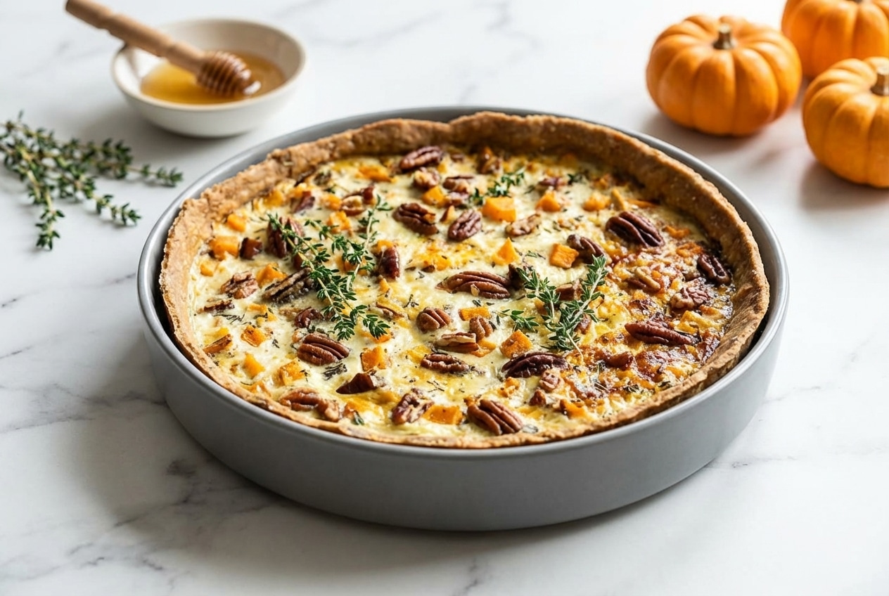 Tarte butternut et chèvre sur marbre blanc, croûte croustillante à la duxelles de noisettes et fini doré au miel.