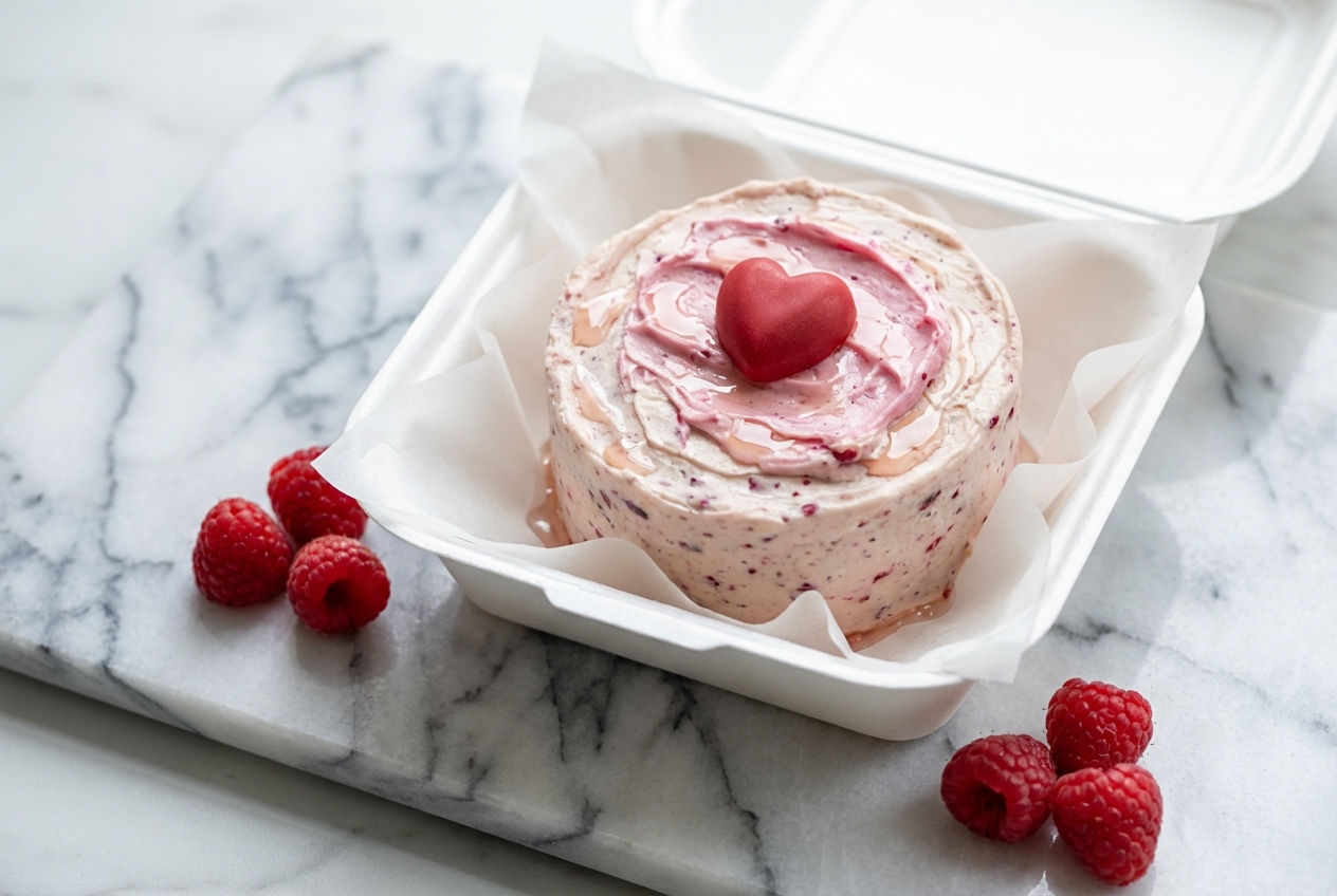 Bento cake Saint Valentin nappé d'une crème lisse sur marbre blanc, imbibé de sirop rose et framboise fraîche.
