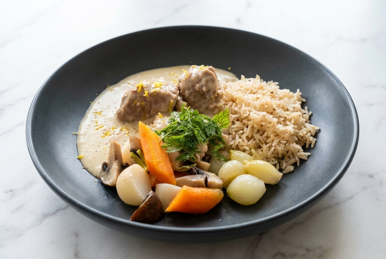 Blanquette de veau à l'ancienne crémeuse sur marbre blanc, parsemée de zestes de citron jaune et macis, lumière naturelle.