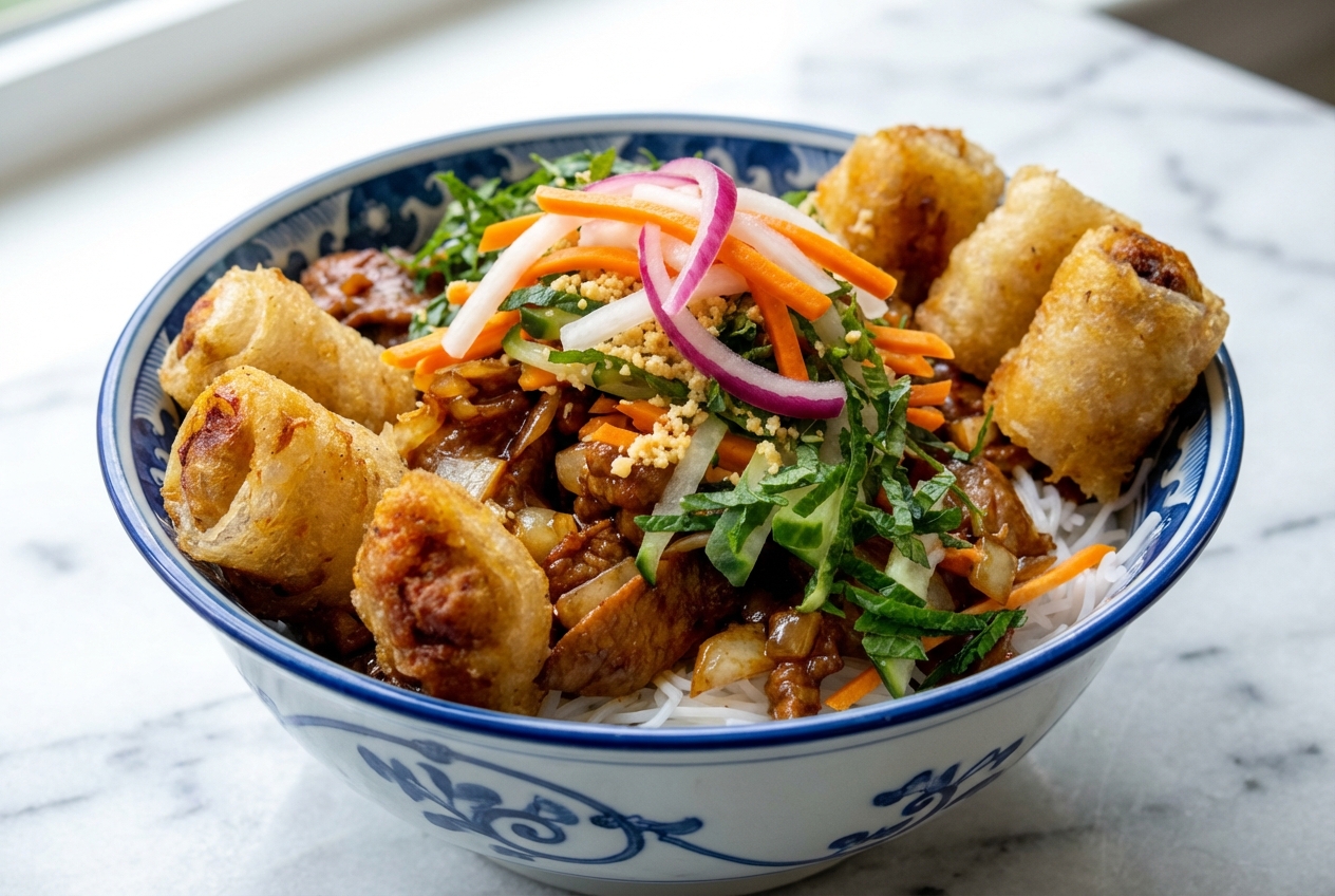 Bo bun aux nems garni de pickles Do Chua et oignons rouges acidulés, servi dans un bol en céramique blanc sur marbre.