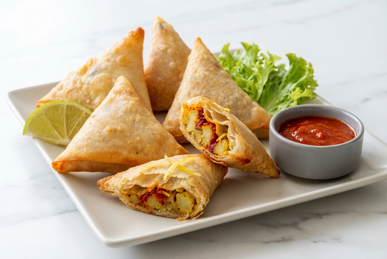 Brick au thon et oeuf dorée et croustillante, zestes de citron confit et harissa, présentée sur marbre blanc.