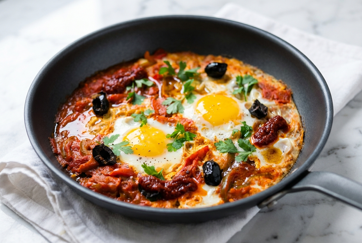 Chakchouka au beurre noisette et harissa fumée, œufs frais pochés sur une surface en marbre blanc, lumière naturelle.