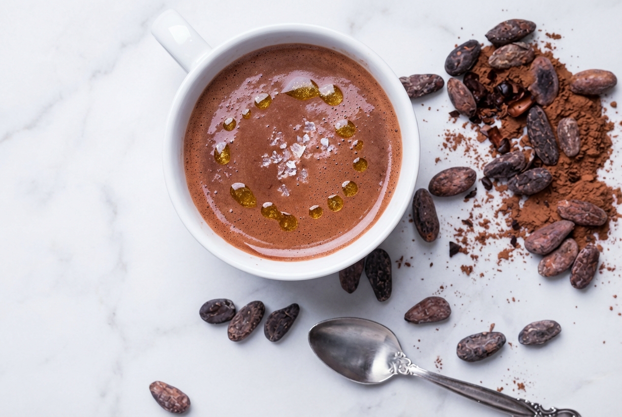 Chocolat chaud maison onctueux au beurre noisette et fleur de sel, servi sur marbre blanc en lumière naturelle.