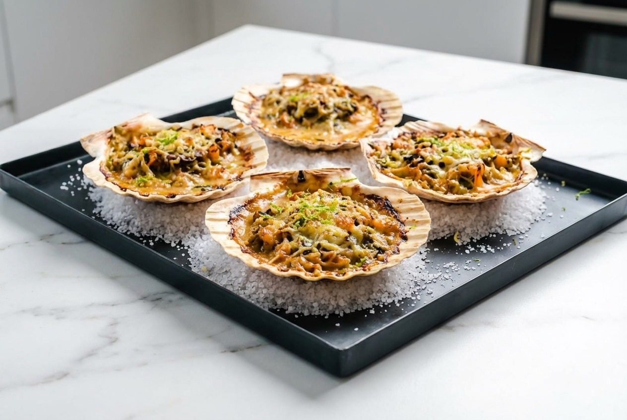 Coquilles Saint Jacques gratinées au beurre noisette et zestes de combava sur marbre blanc sous une lumière naturelle.