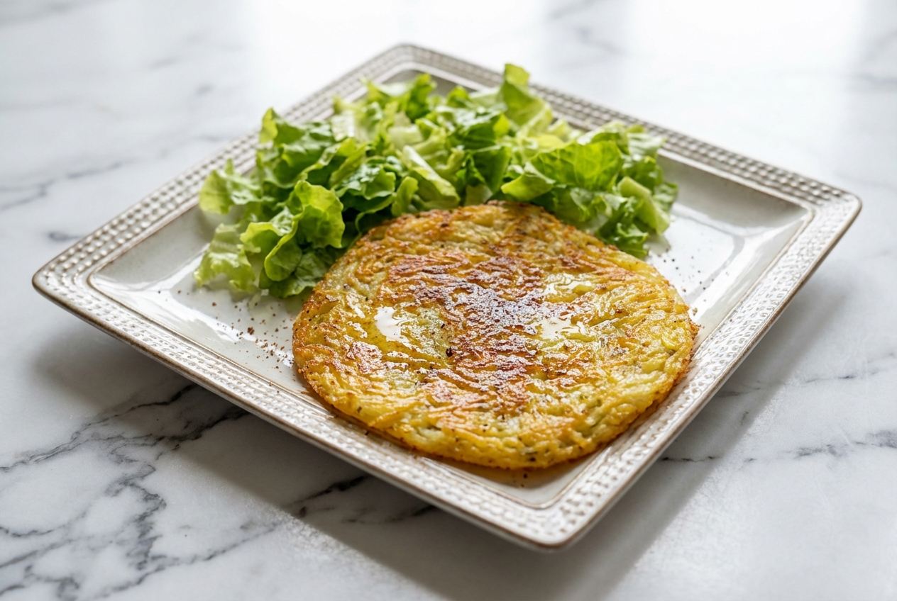 Crique ardéchoise de pommes de terre dorée au beurre clarifié et muscade sur un plan de travail en marbre blanc.