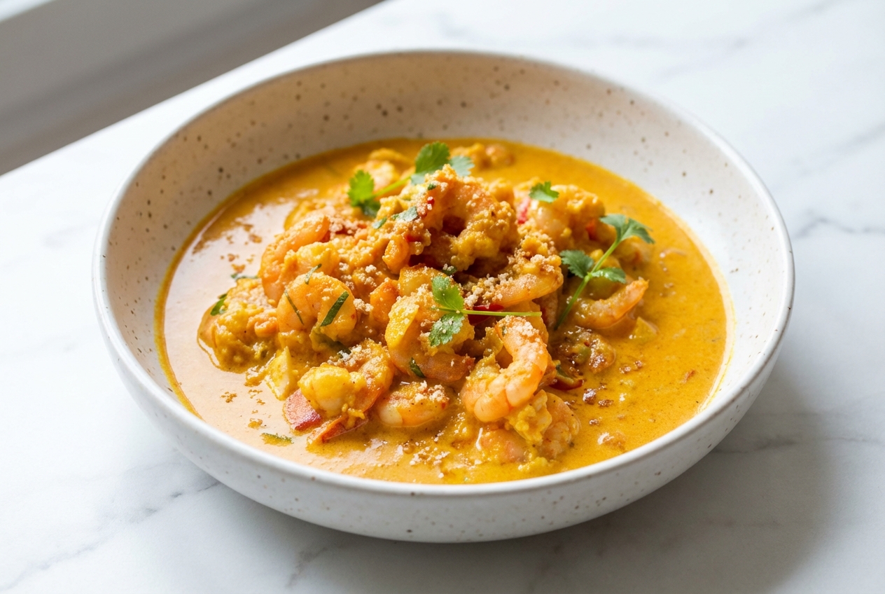 Curry de crevettes crémeux en vue de dessus sur marbre blanc, équilibre parfait entre Nuoc-mâm et sucre de palme.