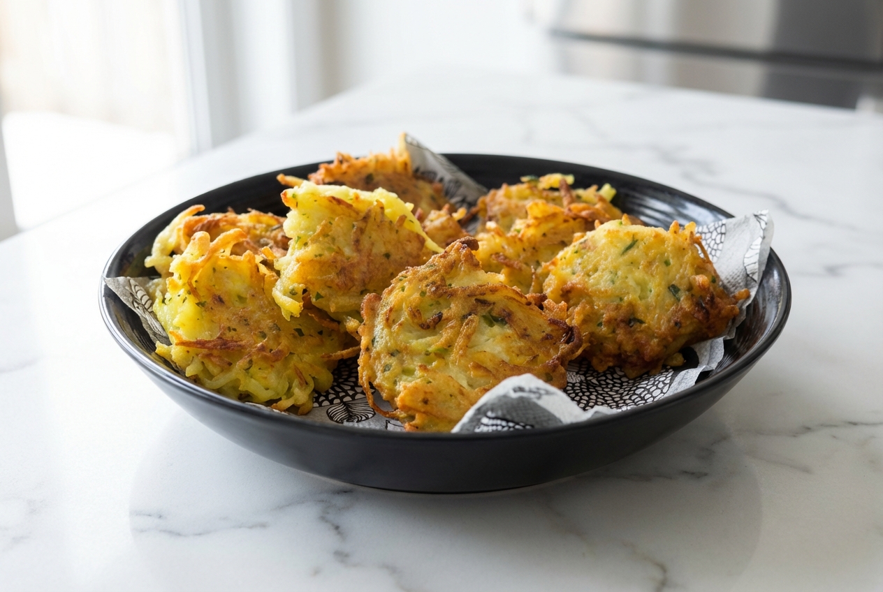 Galette de pomme de terre croustillante grâce à la fécule, posée sur marbre blanc sous une lumière naturelle douce.