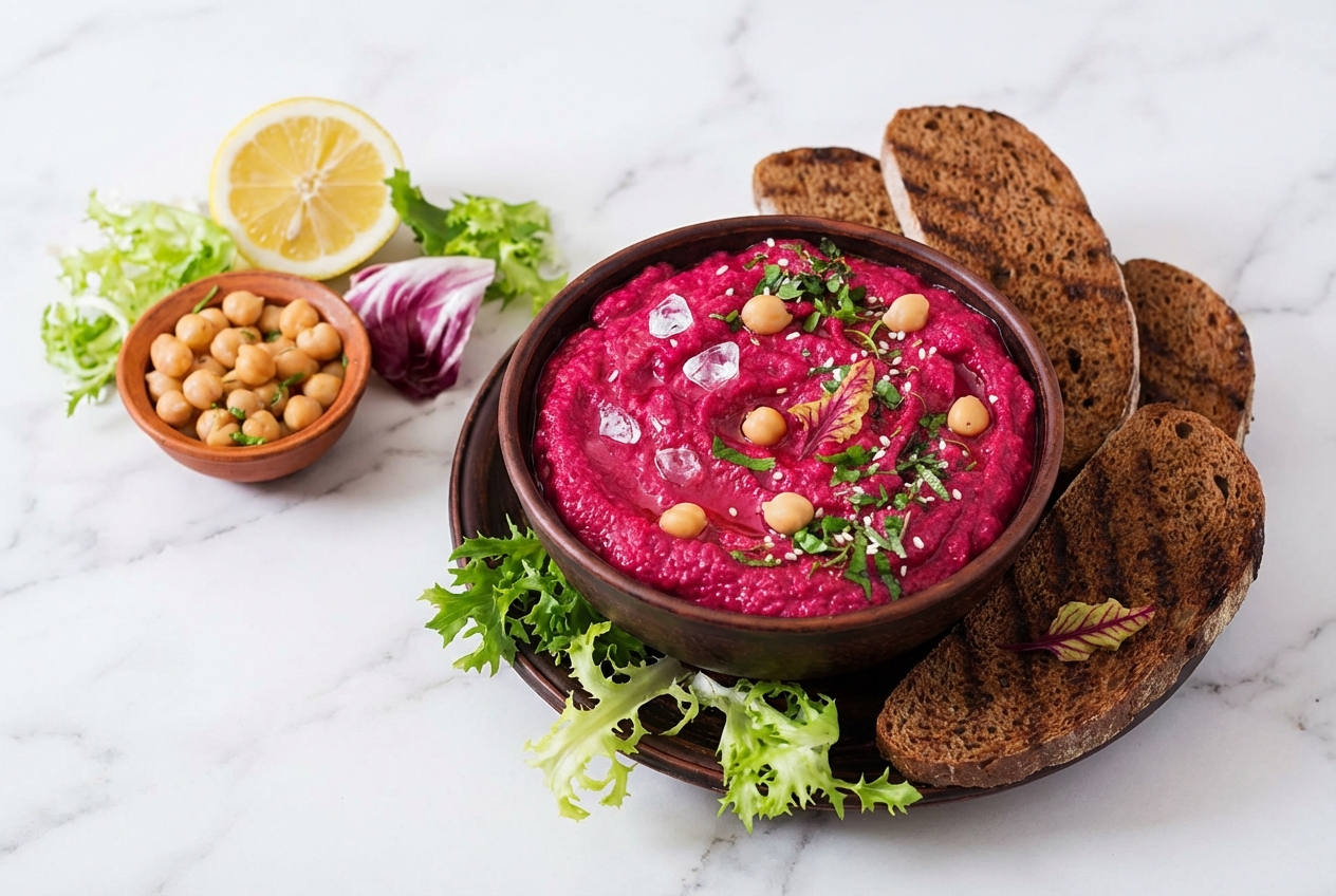 Houmous de betterave onctueux dans un bol en céramique blanc, texture lisse obtenue par l'ajout de glaçons.
