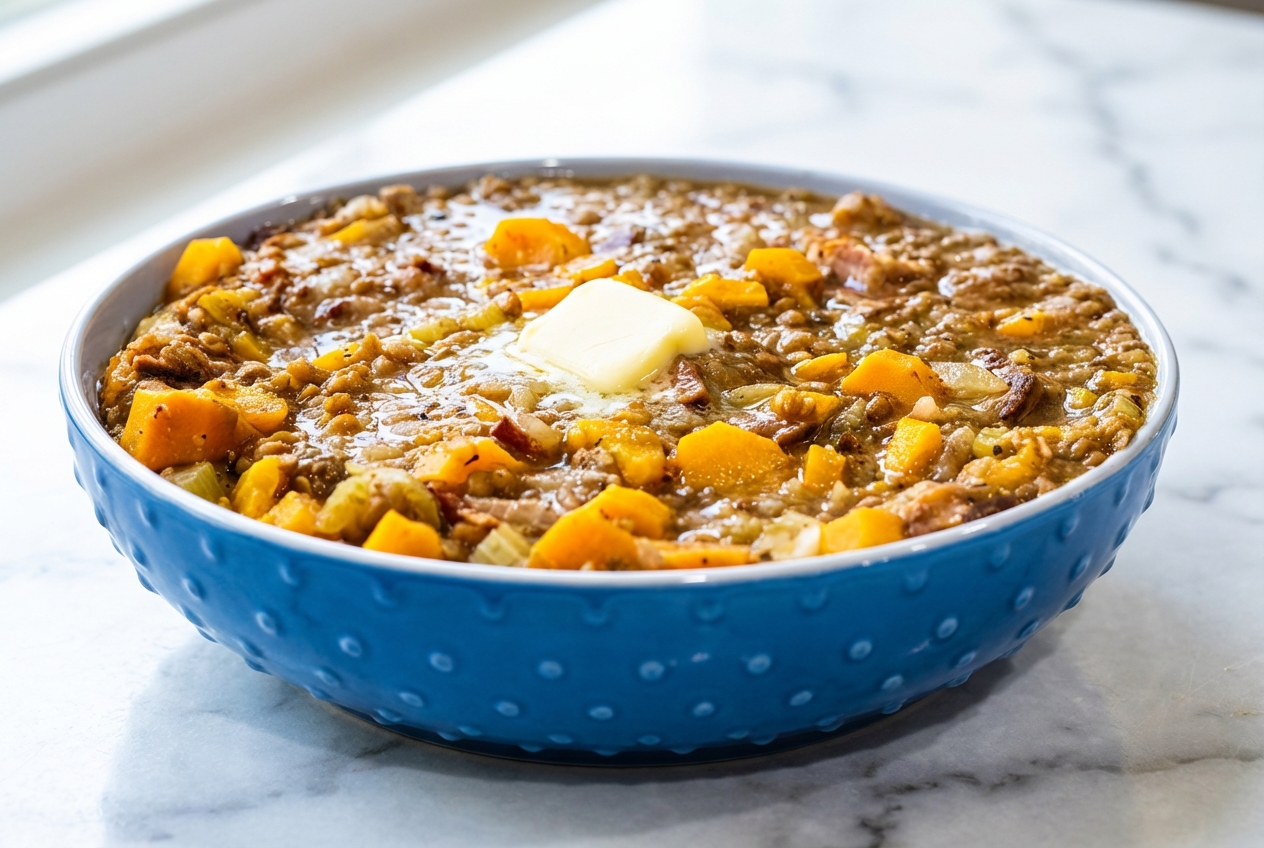 Lentilles au lard liées au beurre et vinaigre de Xérès, servies sur marbre blanc sous lumière naturelle.