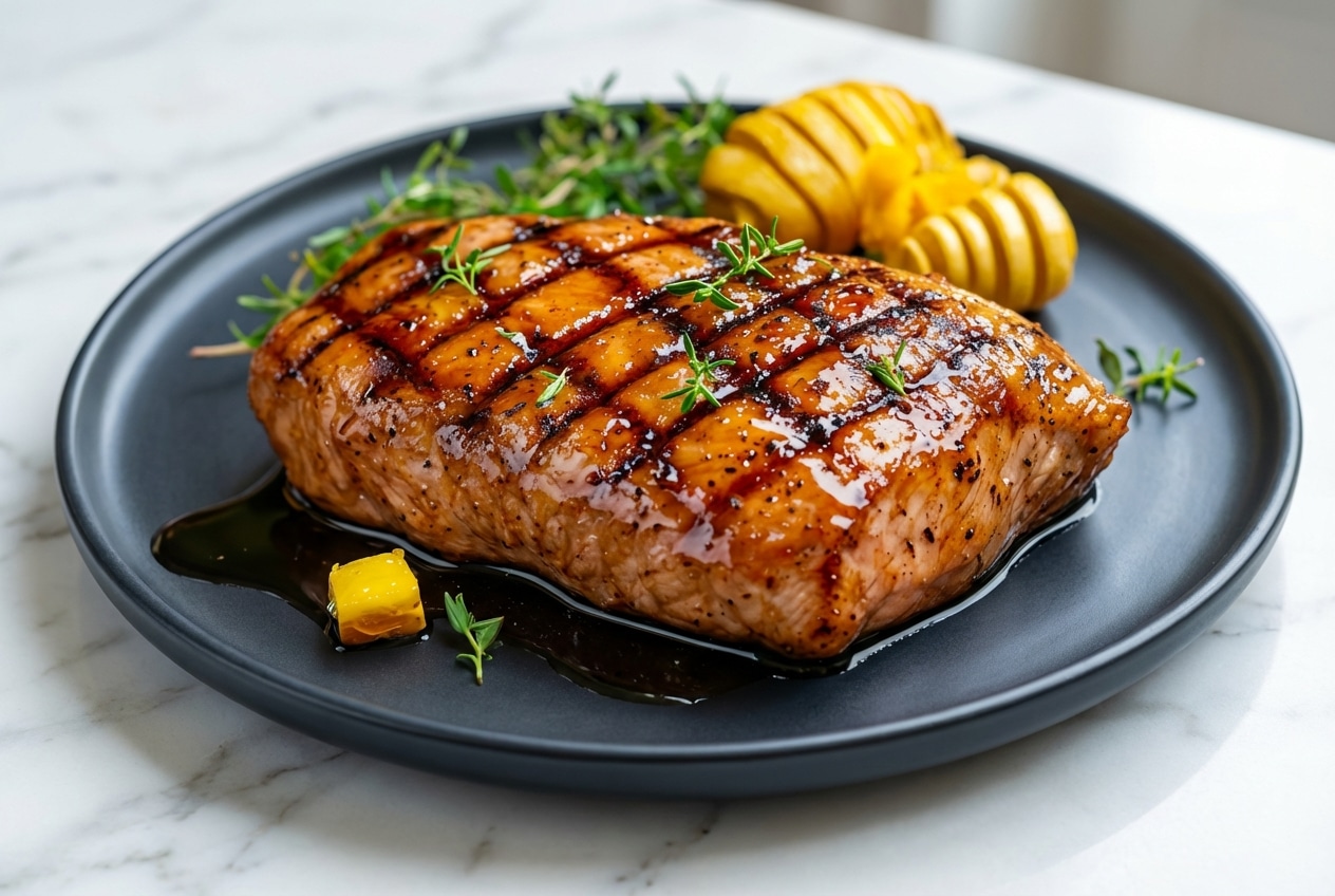 Magret de canard au four au miel, peau croustillante laquée au miel de châtaignier sur une assiette en céramique minimaliste.