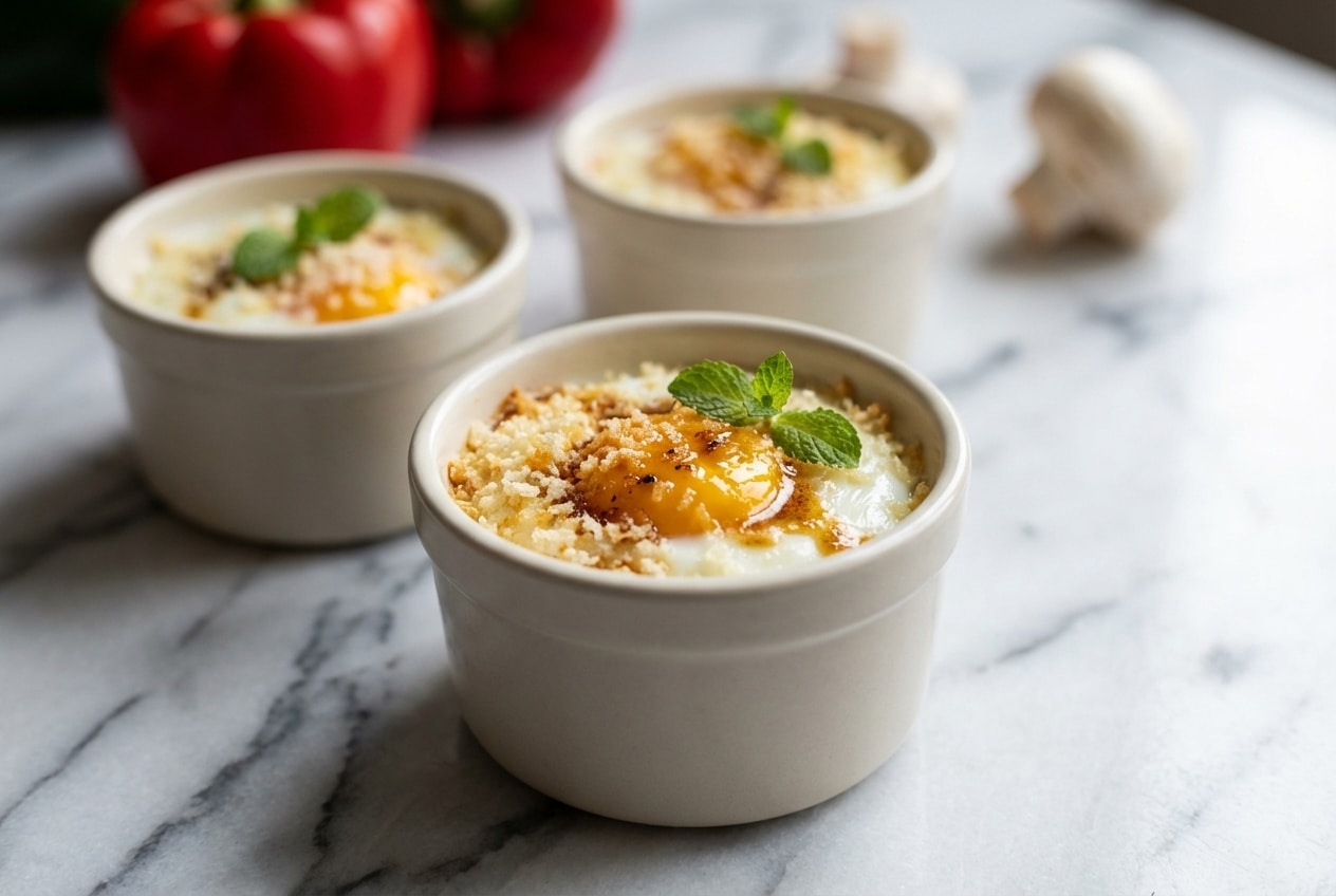 œuf cocotte au four au beurre noisette et panko croustillant dans un ramequin blanc sur marbre, lumière naturelle.
