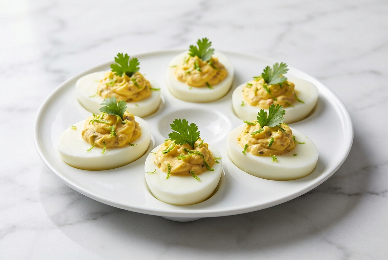 Oeufs mimosas au thon garnis de coriandre ciselée et zestes de citron vert sur assiette en céramique blanche, lumière naturelle.