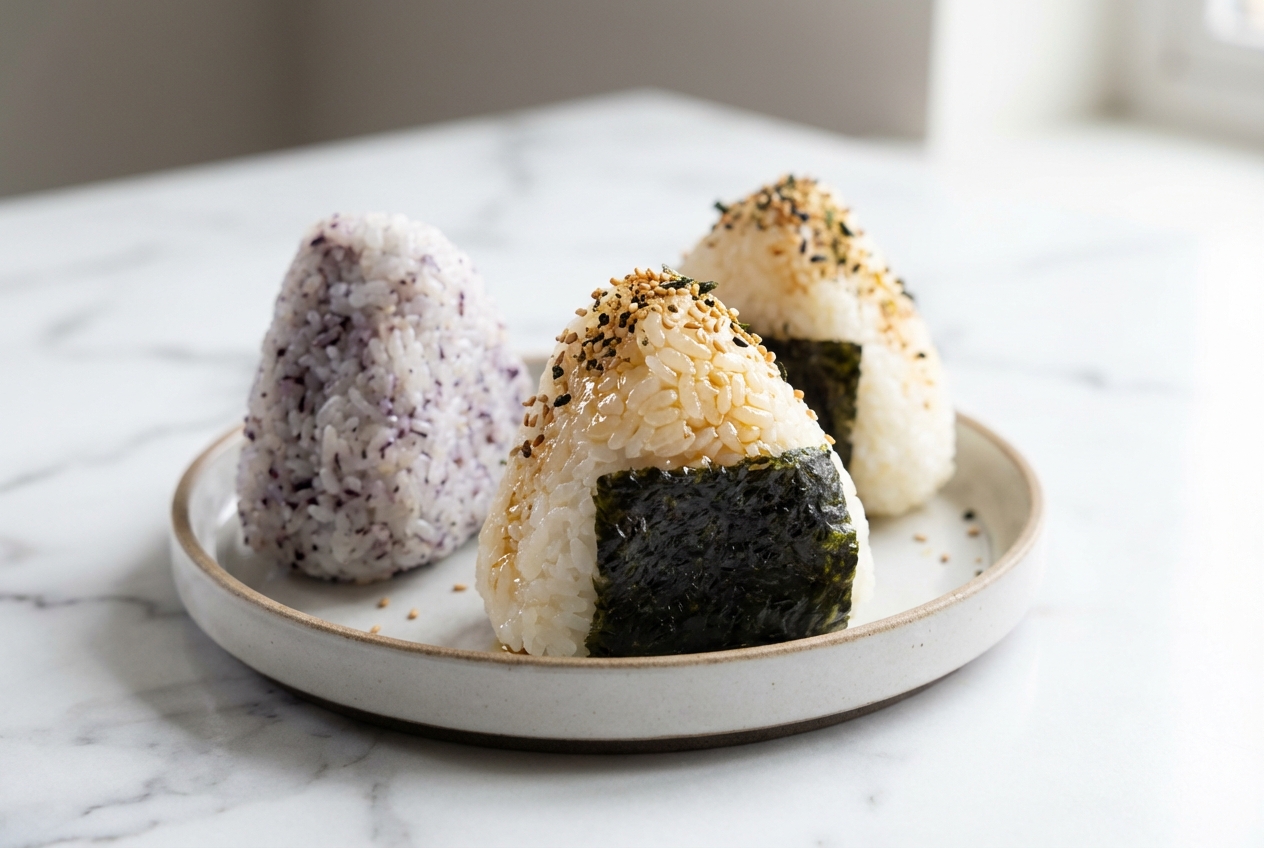 Onigiri thon mayo en forme de triangle sur marbre blanc, infusés à l'huile de sésame grillé et saupoudrés de furikake.