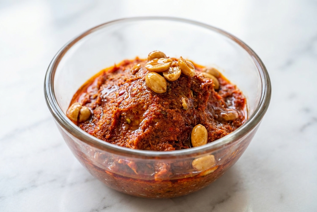 Pâte de curry panang onctueuse infusée aux cacahuètes torréfiées dans un bol en céramique sur marbre blanc.