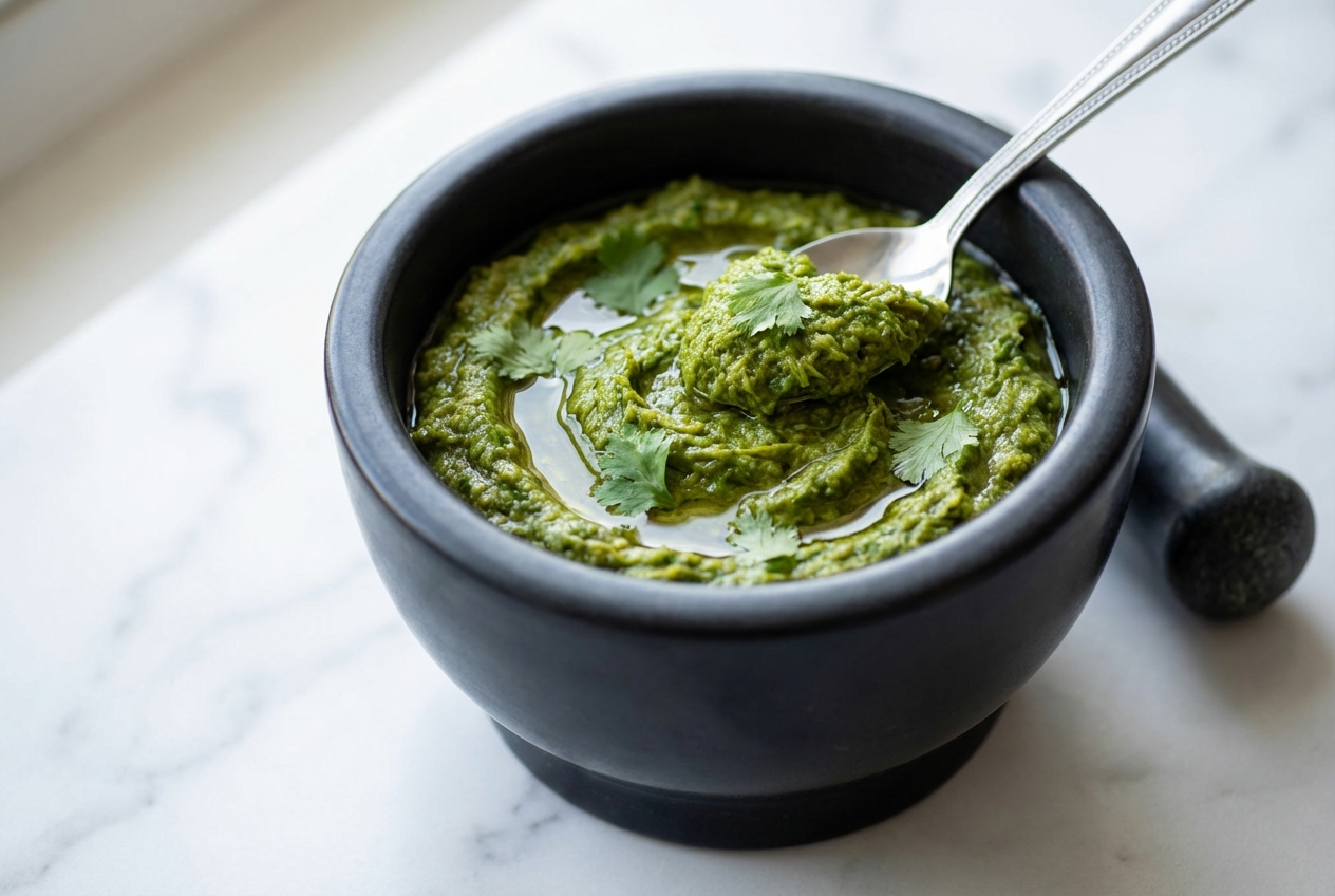 Pâte de curry vert vibrante infusée à froid à l'huile de coco, présentée dans un bol en céramique minimaliste sur marbre blanc.