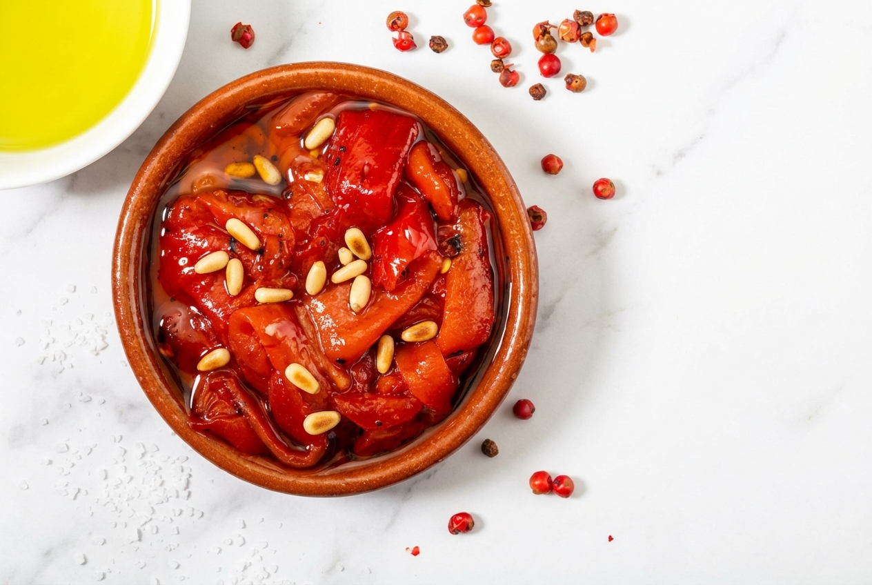 Poivrons grillés au four, pignons de pin torréfiés et vinaigre balsamique blanc sur un plan en marbre blanc.