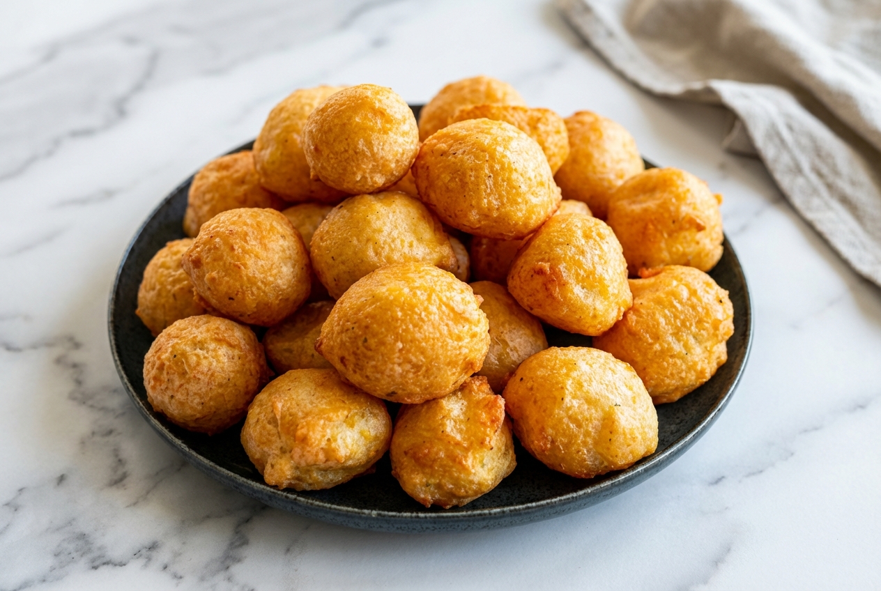 Pomme dauphine croustillante au beurre noisette et parmesan sur plat en céramique minimaliste, surface en marbre blanc.