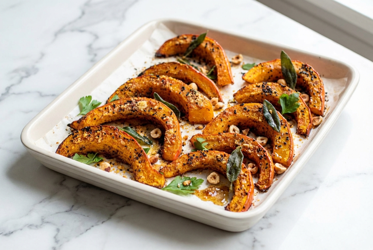Potimarron roti au four, quartiers caramélisés nappés de beurre noisette à la sauge et noisettes sur céramique blanche.