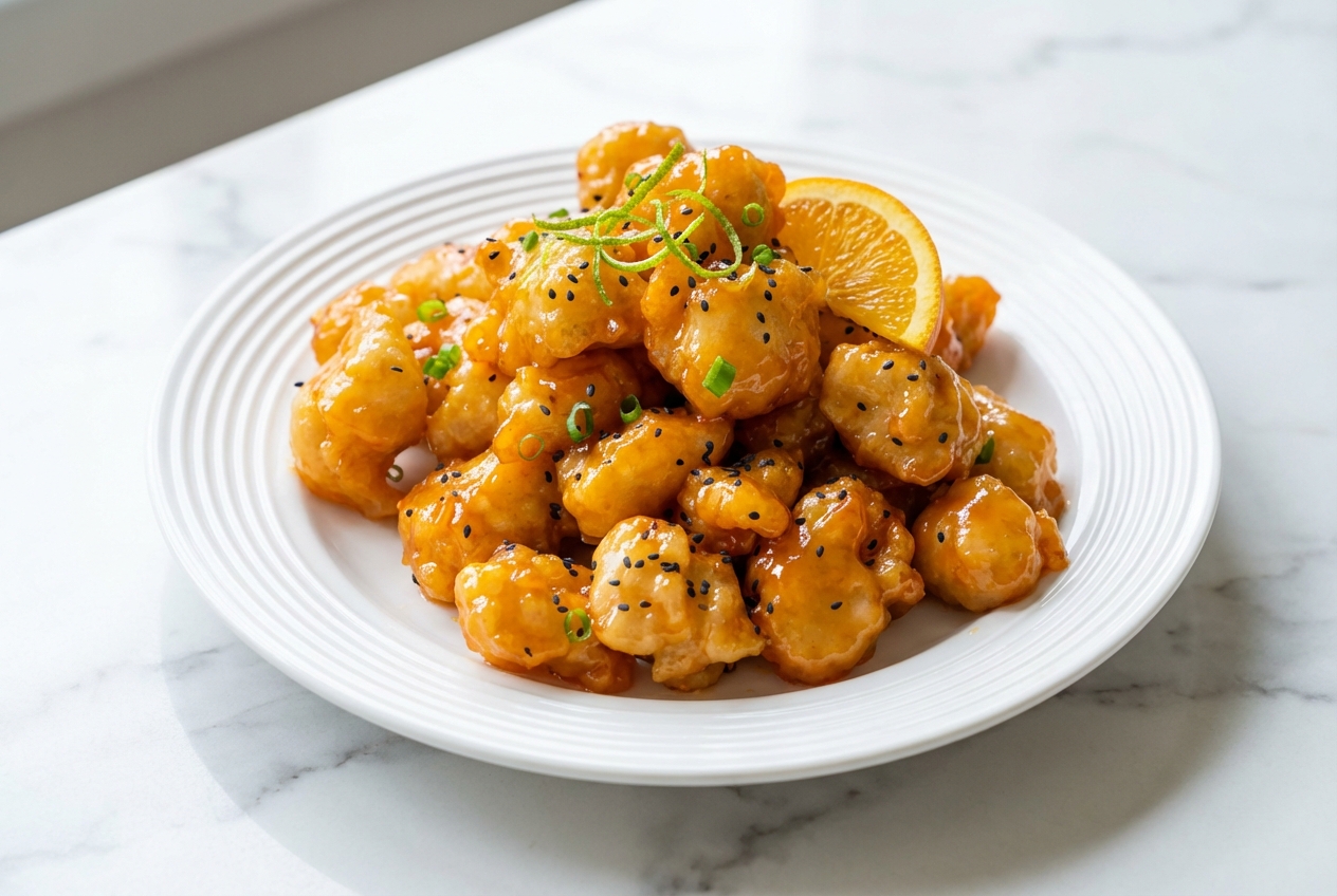 Poulet aigre doux caramélisé au miel d'acacia et zestes de lime sur marbre blanc, vue de face, lumière naturelle.