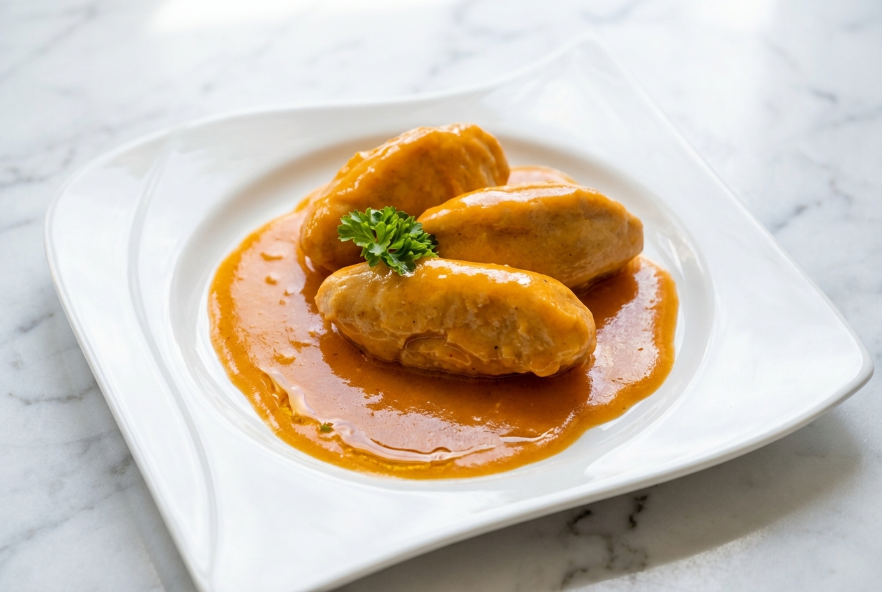Quenelles sauce Nantua nappées d'une crème aux carapaces toastées et piment d'Espelette sur céramique minimaliste, lumière naturelle.