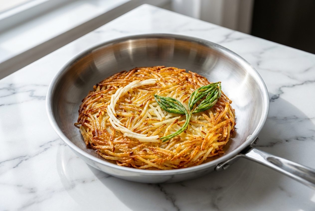 Râpé de pommes de terre doré au beurre noisette, vue de dessus sur marbre blanc, texture croustillante et aérée.