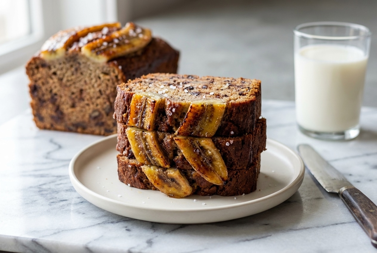 Recette banana bread sur marbre blanc, tranches moelleuses surmontées de bananes rôties au miel et fleur de sel.