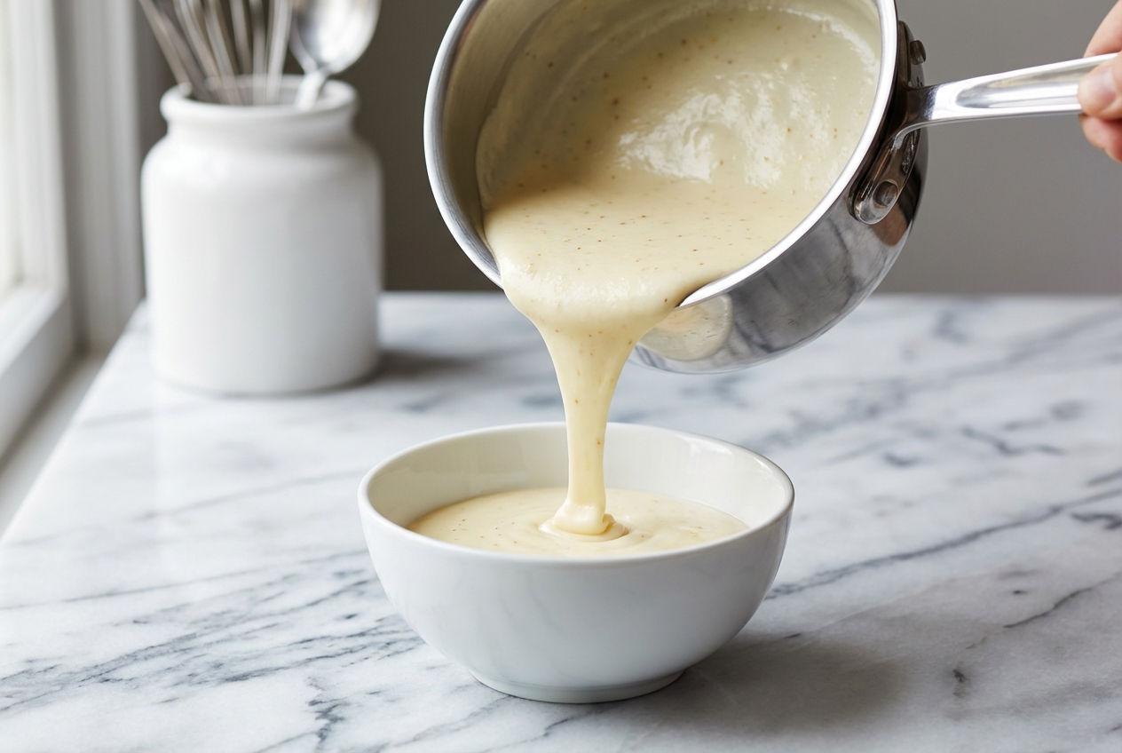 Recette de Béchamel onctueuse au beurre noisette dans un bol en céramique minimaliste sur marbre blanc.