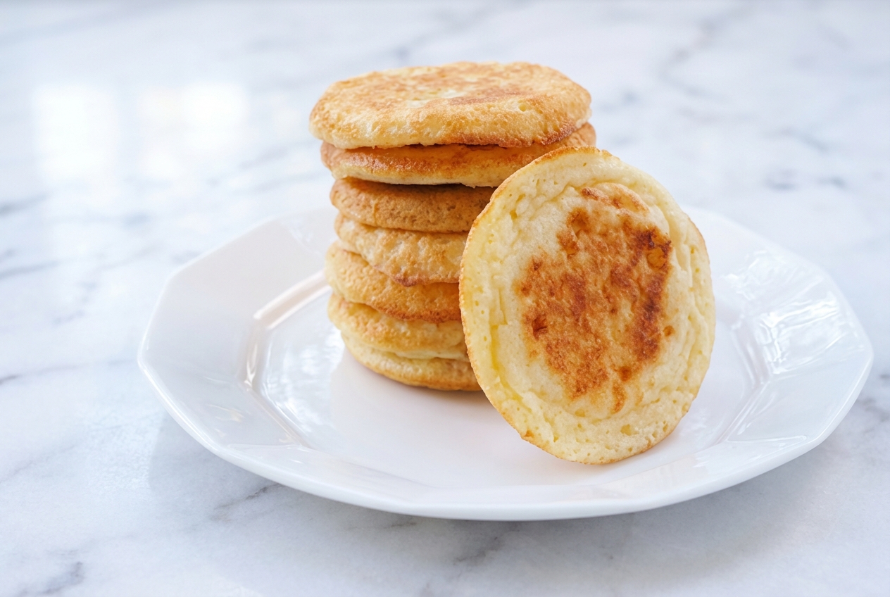 Recette blinis sans gluten aériens aux blancs en neige sur marbre blanc, vue de dessus, texture moelleuse.