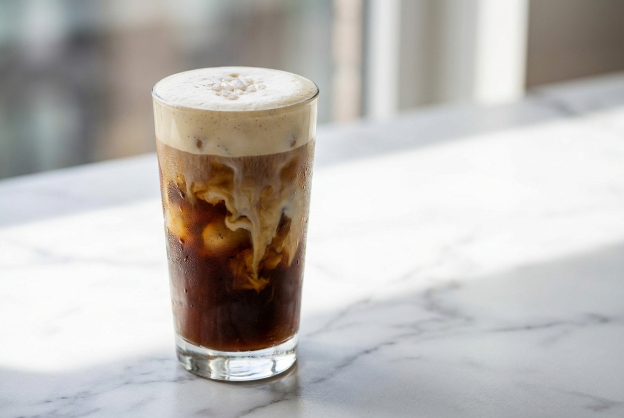 Recette café glacé salé-vanillé mousseux dans un verre minimaliste sur marbre blanc, lumière naturelle.