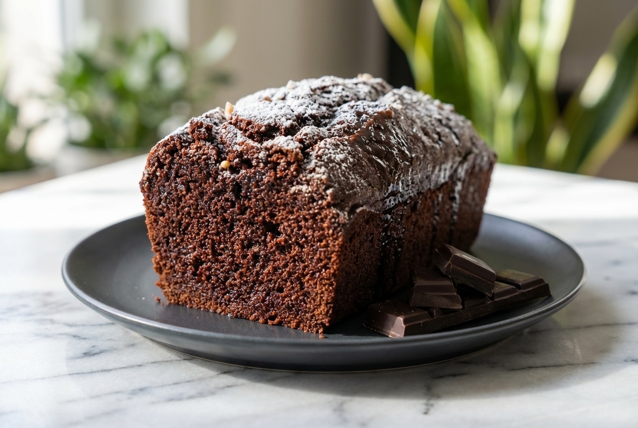 Recette cake au chocolat sur marbre blanc, nappé d'un sirop d'imbibage au cacao sous une lumière naturelle douce.